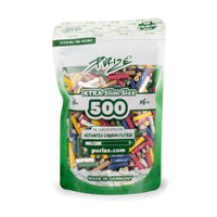 PURIZE® XTRA Slim 500 kpl Multicolor Doypack -säästöpakkaus, avattu pussi, jossa näkyy erivärisiä aktiivihiilifilttereitä.