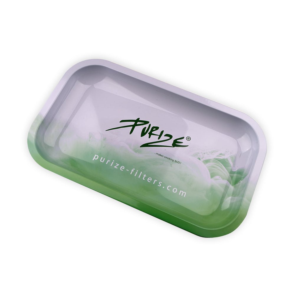 PURIZE® Rolling Tray "Smoke" -metallinen rullausalusta savuisen harmaalla ja tummalla, abstraktilla kuvioinnilla