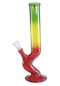Rasta Ice Bong Bent 31cm, kirkas lasinen vesipiippu rasta-värisillä tehosteilla ja taivutetulla kaulalla.