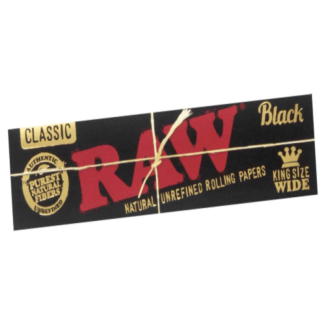Kuva RAW Black Kingsize Slim -rullapaperipakkauksesta, jossa näkyy musta design ja läpinäkyvä, ultraohut paperi korostaen sen premium-laatua ja luonnollisuutta.