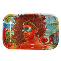 RAW Brasil 3 Edition rullaustarjotin, jossa on värikäs Brasilian rantateemainen grafiikka, palmut, aurinko ja klassinen RAW-logo.