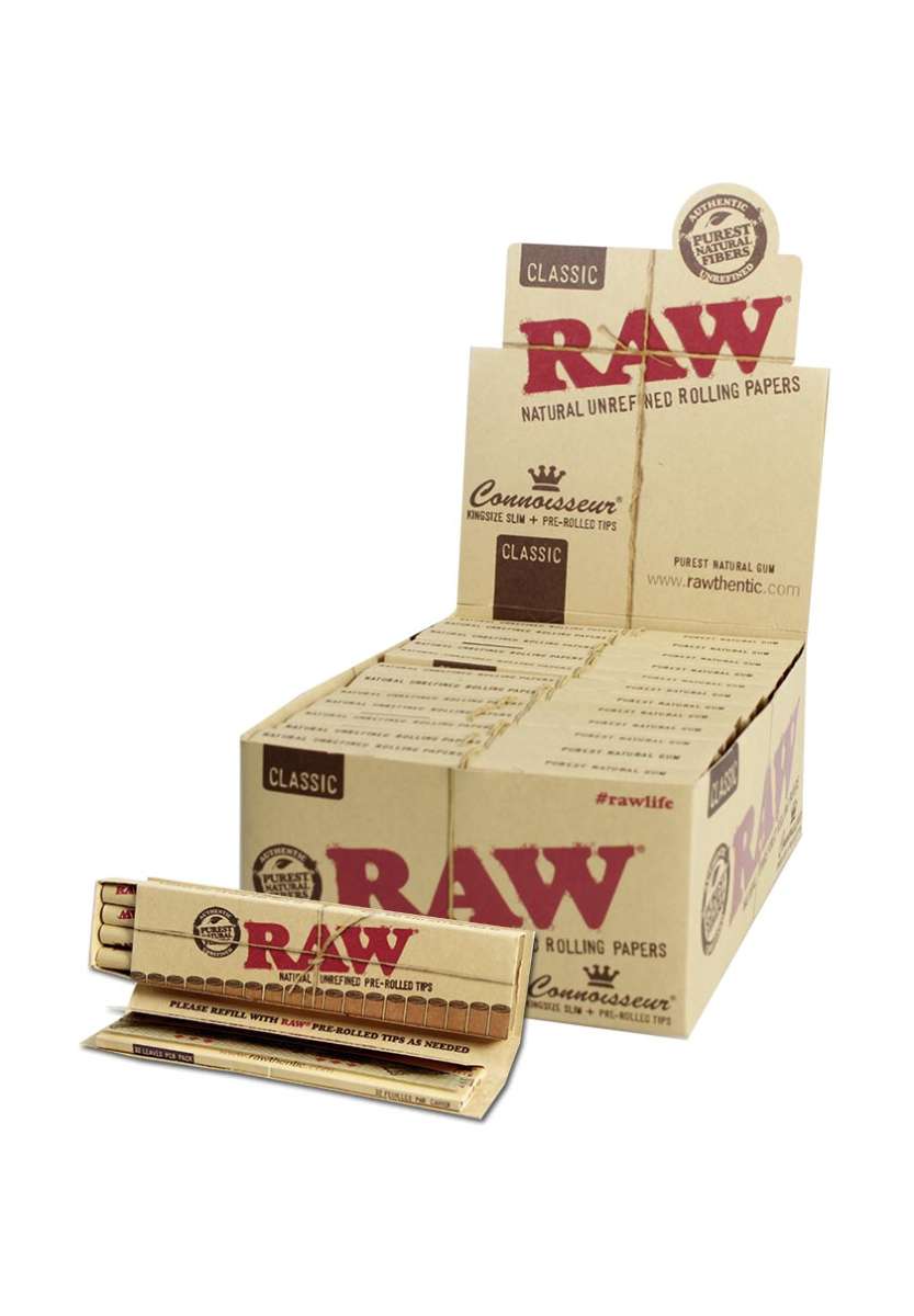 RAW Connoisseur King Size Slim -rullapaperipakkaus avattuna, paljastaen valkaisemattomat paperit ja ruskeat, valmiiksi rullatut kärjet.