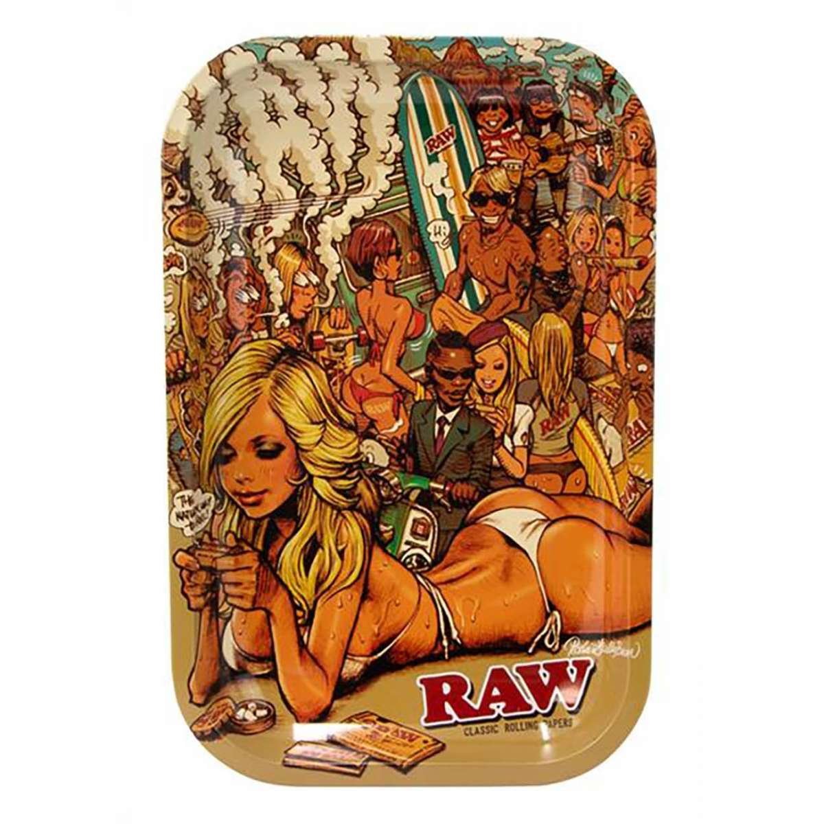 RAW RJB Summer Beach metallinen rolling tray, jossa ikoninen 80-90-luvun rantabile-teemainen retrokuvitus: skeittaajia, surffaajia ja värikäs auringonlasku.