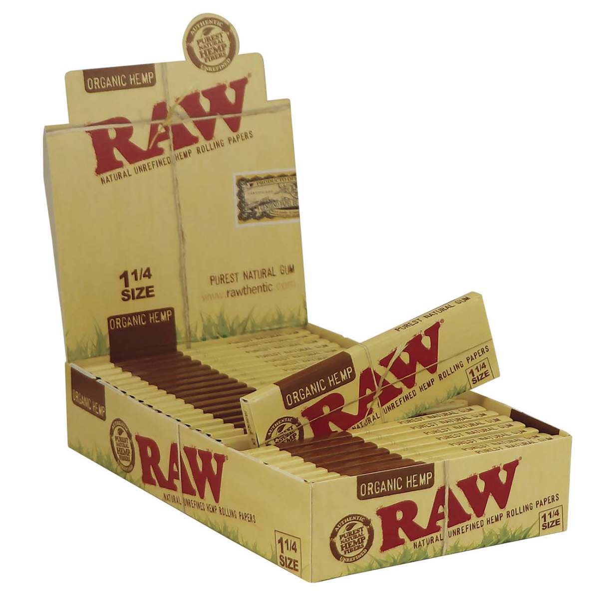 Lähikuva RAW Organic Hemp Papers 1 1/4 -paperipaketista, jossa näkyy luomuhamppupaperit ja RAW-logo.