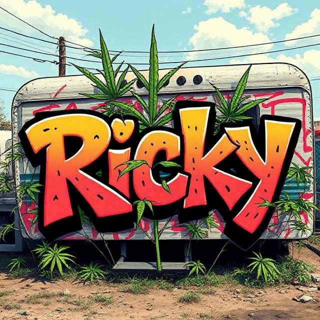 Kaninkolo Ricky Autoflower FEM -siemenpakkaus, jonka taustalla on Trailer Park Boys -sarjan Rickyn hattu ja cannabis-kasvi.