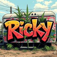 Kaninkolo Ricky Autoflower FEM -siemenpakkaus, jonka taustalla on Trailer Park Boys -sarjan Rickyn hattu ja cannabis-kasvi.