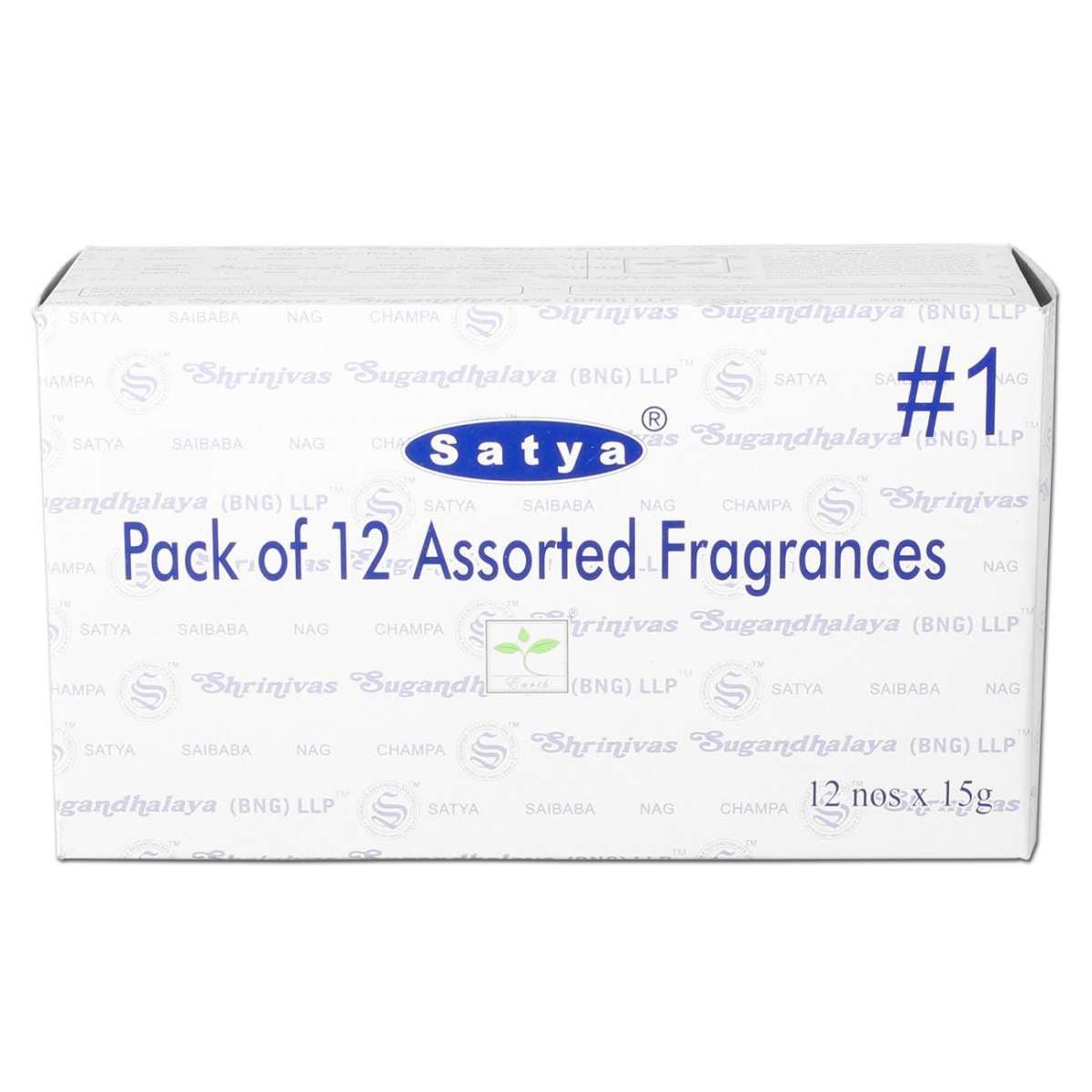 Kuva Satya 12-pack suitsukelajitelmasta, jossa näkyvillä erivärisiä 15g pakkauksia, mm. Nag Champa ja Super Hit suitsuketikkuja.