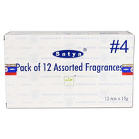 Monipuolinen Satya Incense Sticks #4 -valikoima, sisältäen 12 pakkausta erilaisia tuoksuja, käsintehty santelipuupohjaisilla suitsukkeilla.