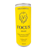 Shroomwell Lion's Mane Focus Energiajuoma 250ml, tyylikäs tölkki, joka kuvaa tuotteen luonnollisia ainesosia ja energiaa antavaa vaikutusta