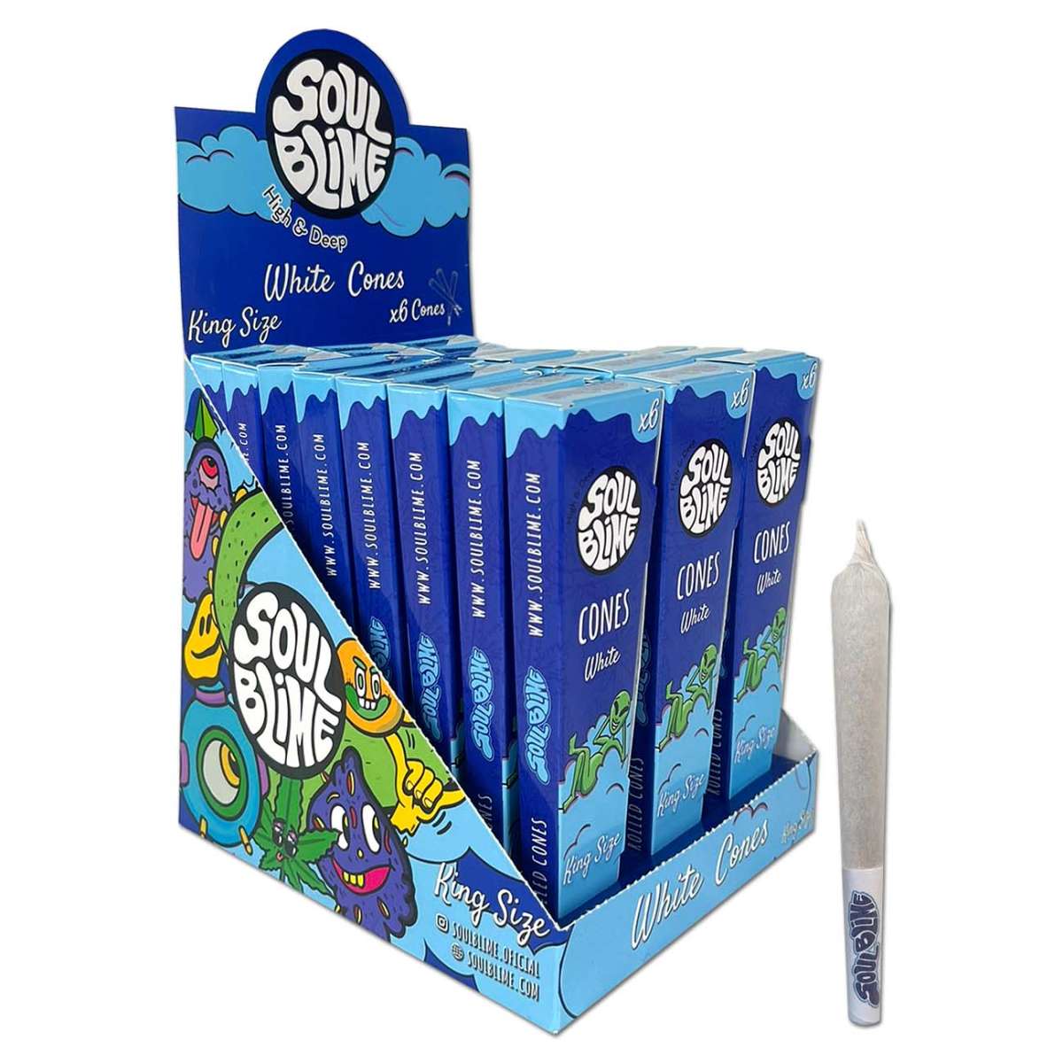 Kuva SOUL BLIME King Size -kartiopakkauksesta, jossa on valkoisia, valmiiksi rullattuja kartioita näkyvissä, tyylikäs ja minimalistinen ulkoasu.