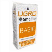 UGro Kookoskuituharkko S Basic - 650g kompakti briketti ennen ja jälkeen laajenemisen, esitellen 11 litraa ilmavaa kookoskuitua.