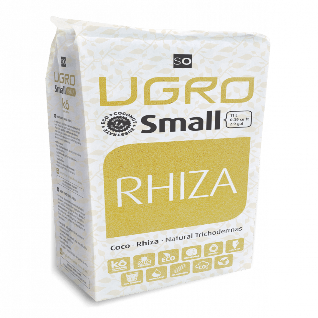 Kuva UGro S Rhiza 11 litran kookoskuituharkosta, joka on valmiina laimennettavaksi vedellä ja rikastettu mykorritsasienillä.