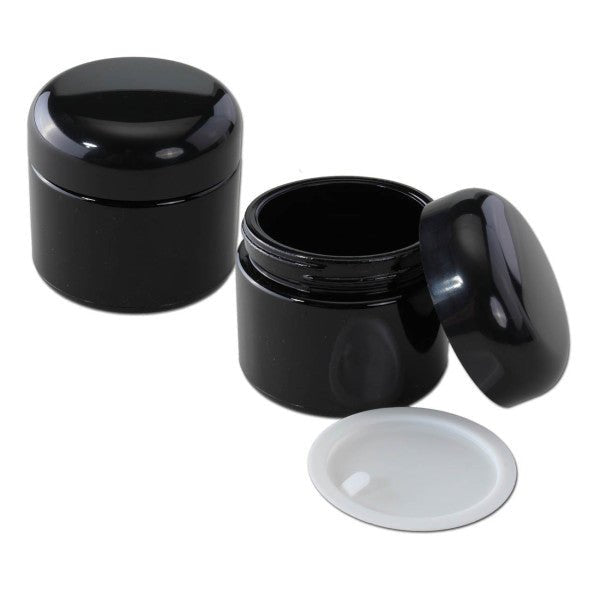 Violet Glass Jar 100ml -säilytyspurkki mustalla, puukuvioisella kierrekannella, esillä valkoisella taustalla. Ihanteellinen yrteille, mausteille, CBD-kukalle ja luonnonkosmetiikalle.