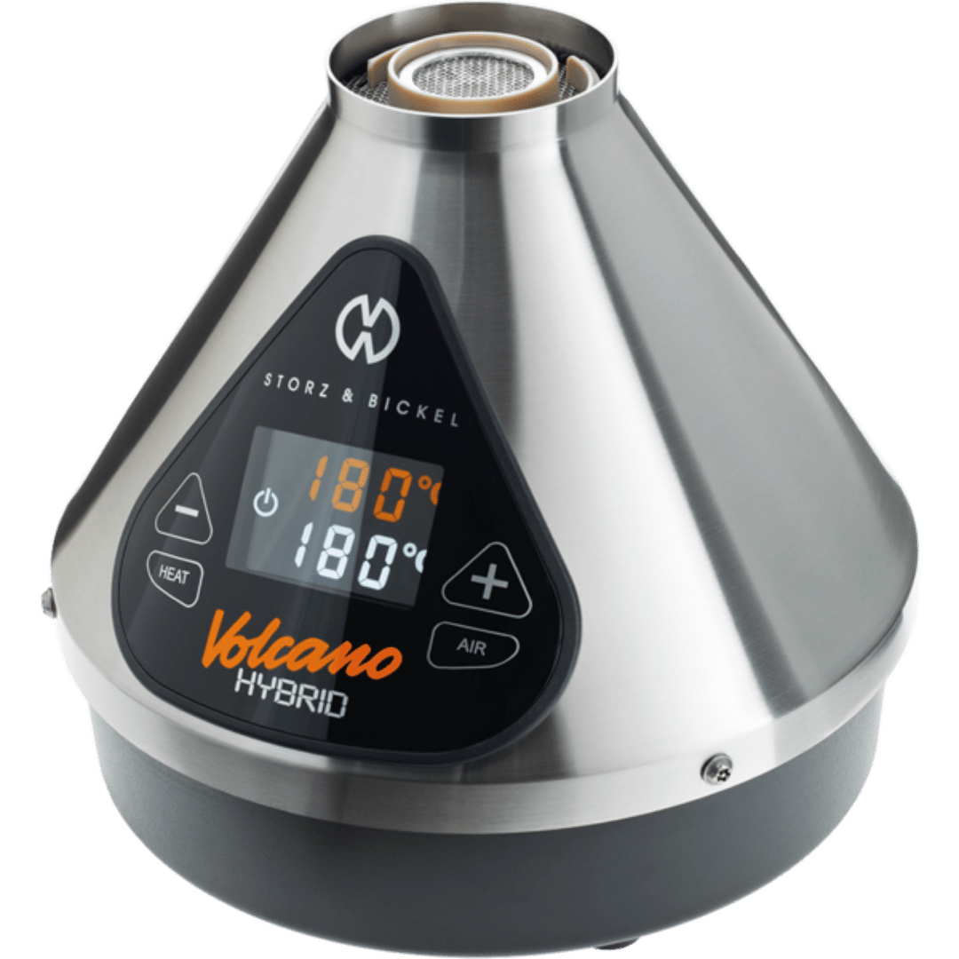 Storz & Bickel Volcano Hybrid -vaporisaattori mustalla alustalla, Easy Valve -ilmapallo täyttyy ja letkujärjestelmä on valmiina vieressä.